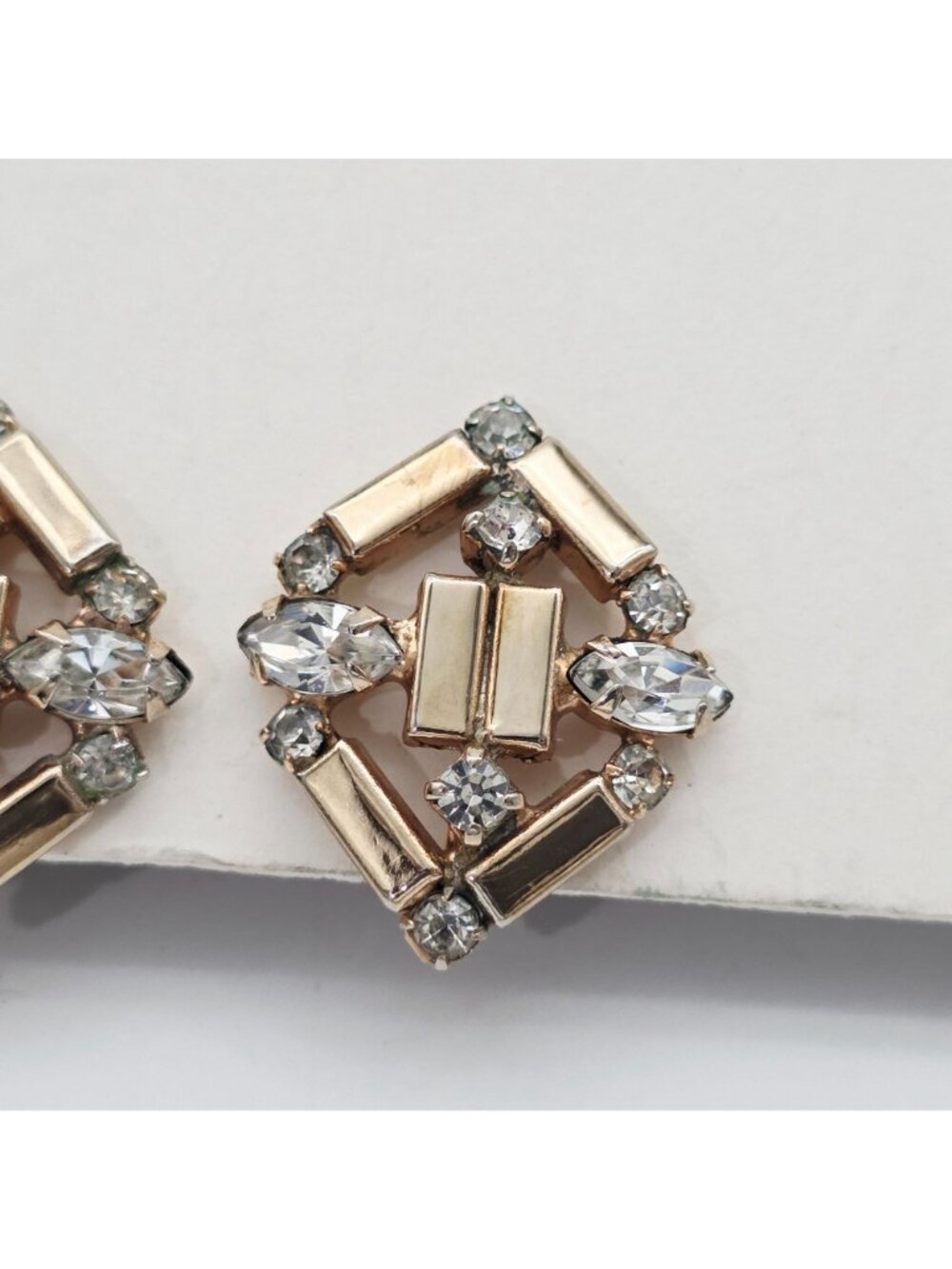 Gold-Tone Geometric Clip-On Earrings Clear Rhinestones Diamond Shape Retro Jewel - Picture 3 of 6